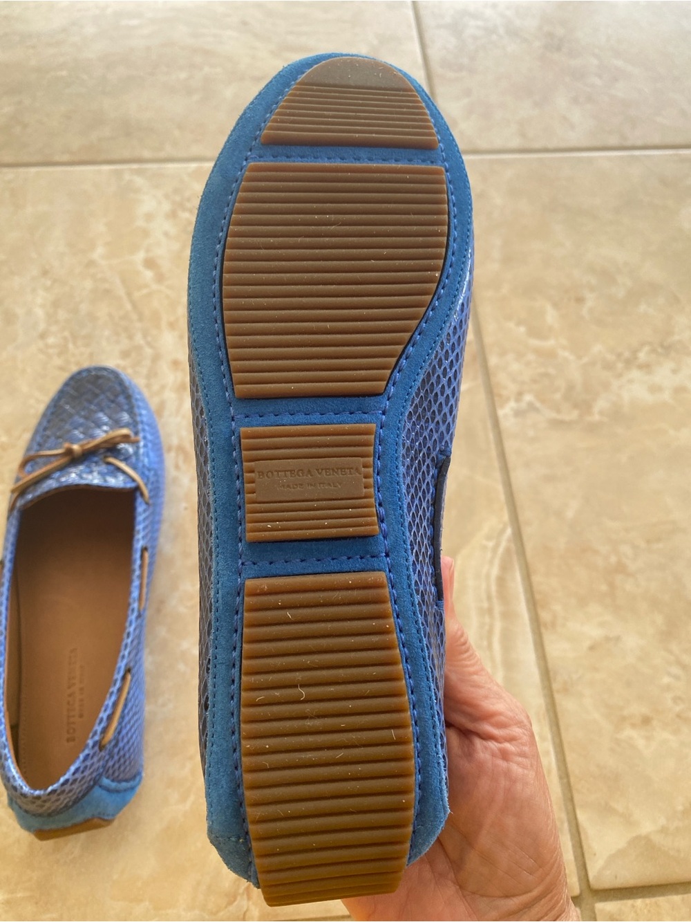 Bottega Veneta Blue Woven Leather Driving Loafers with Tan Bow Size 6 - Picture 2 of 10
